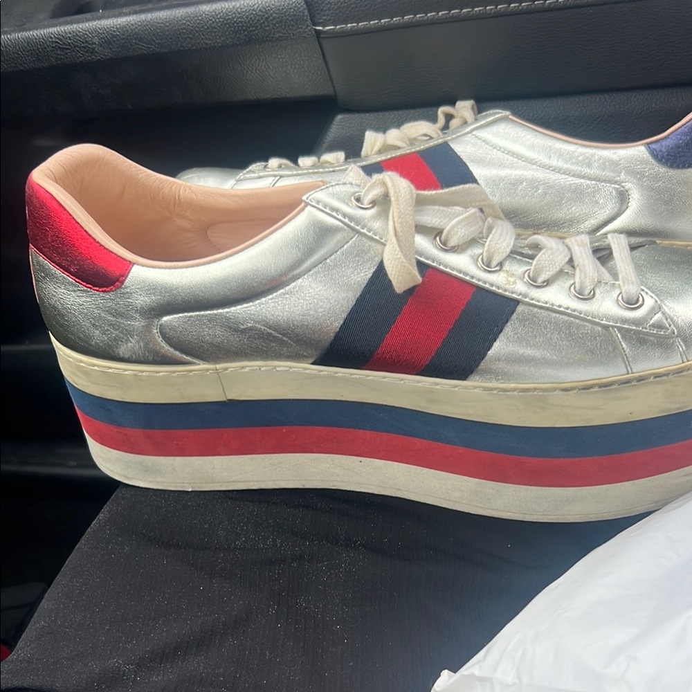 Gucci Silver and Red Platform Sneakers with Bold Stripes